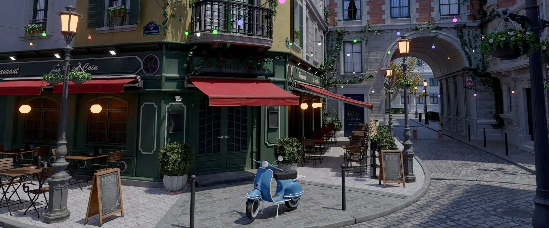 Bistro scene rendered in Iskur Engine