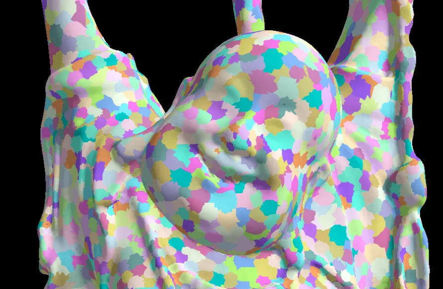 Buddha mesh divided into color-coded meshlets