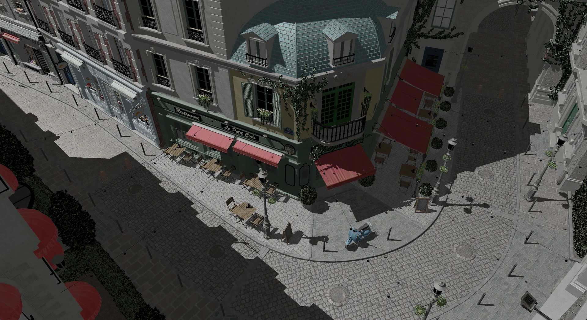 Bistro exterior rendered with ray-traced shadows