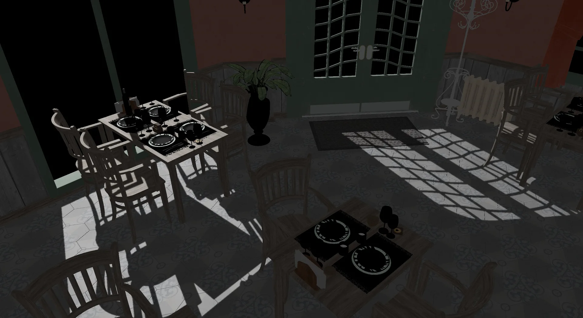 Bistro interior rendered with ray-traced shadows