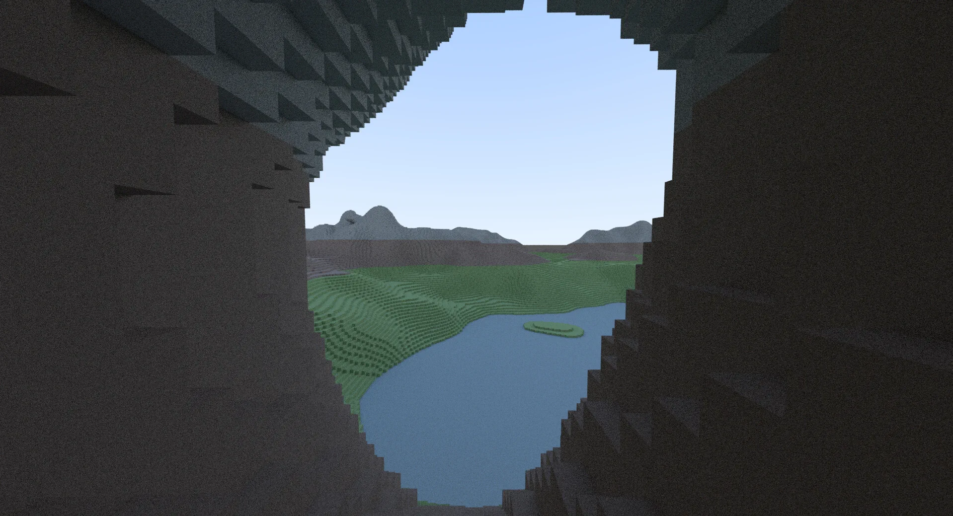 Sunlight entering an opening in voxel terrain